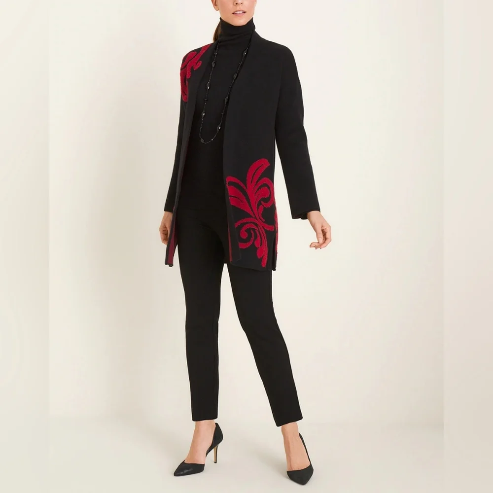 Chicos Red And Black Scroll-Detail Cardigan Size 4P NWOT - Picture 5 of 6